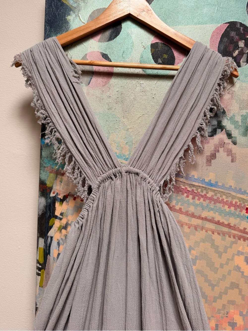Ilaria Mexico Caftan Wrap Dress Coverup Raw Cotton Voile Gray Blue One Size - Picture 7 of 13